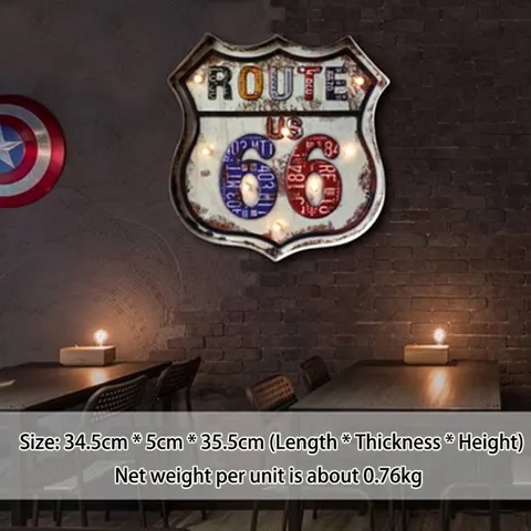 Retro US Route 66 Eisen Wanddeko Mit LED Leuchten Vintage Industrie Verweerd Metall Schild Für Bar Café Haus Deko