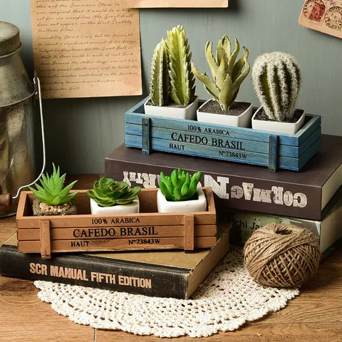 Pot de Fleurs Succulentes Rectangulaire en Bois de Sapin Vintage Zakka Impression Cafe Do Brasil Boîte de Rangement de Bureau