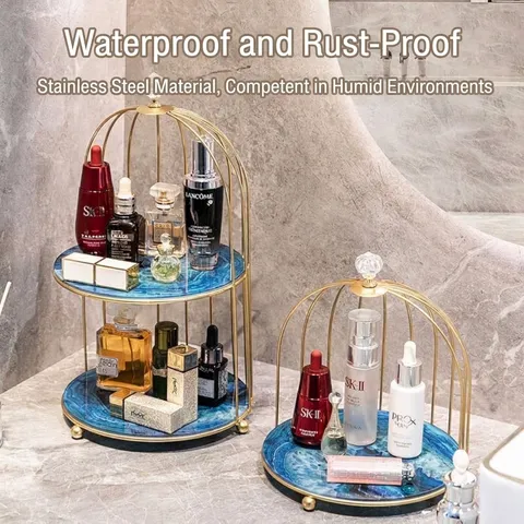 Luxus Gold Metall Vogelkäfig Kosmetik Lagerregal Marmor Muster Glas Tablett Desktop Organizer Für Badezimmer Schlafzimmer