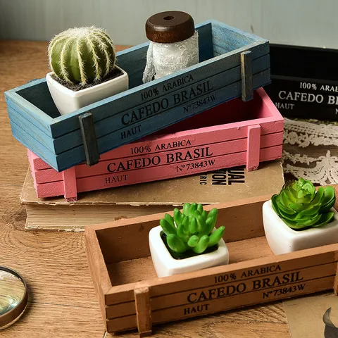 Pot de Fleurs Succulentes Rectangulaire en Bois de Sapin Vintage Zakka Impression Cafe Do Brasil Boîte de Rangement de Bureau