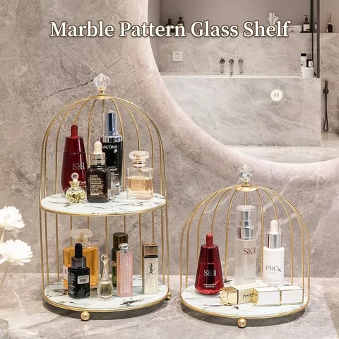Luxus Gold Metall Vogelkäfig Kosmetik Lagerregal Marmor Muster Glas Tablett Desktop Organizer Für Badezimmer Schlafzimmer