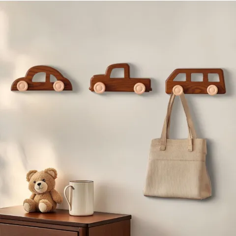 Cute Cartoon Wooden Car Wall Hook Decorative Apparel Coat Hanger Utility Rack For Entryway Kids Room Nursery Home Decor