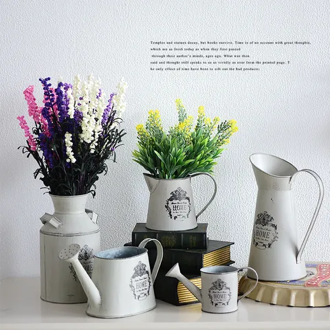 Pastoral Vintage Iron Flower Pot Decorative Milk Jug Watering Can Vase Distressed Rural Garden Home Decor Floral Arrangement Bucket