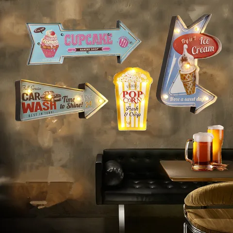 Amerikanische Retro Eisen LED Wandschild Pfeil Kaffeehaus Bar Deko Licht Popcorn Eiscreme Cupcake Hot Dog Industrie Dekor