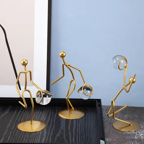 Light Luxury Gold Iron Basketball Player Figurine With Crystal Ball Creative Metal Athlete Statue Home Office Decor