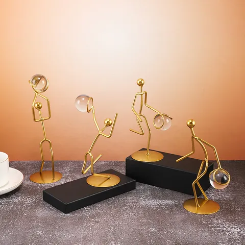 Light Luxury Gold Iron Basketball Player Figurine With Crystal Ball Creative Metal Athlete Statue Home Office Decor