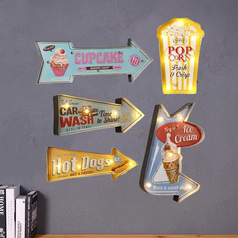 Amerikanische Retro Eisen LED Wandschild Pfeil Kaffeehaus Bar Deko Licht Popcorn Eiscreme Cupcake Hot Dog Industrie Dekor