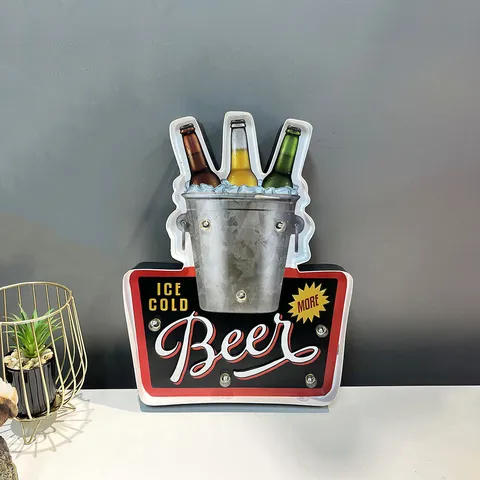 Industrial Retro LED Wall Decor Iron Beer Ice Bucket Sign Vintage Bar Cafe Decorative Hanging Lighted Background Ornament