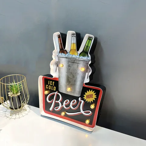 Industrial Retro LED Wall Decor Iron Beer Ice Bucket Sign Vintage Bar Cafe Decorative Hanging Lighted Background Ornament