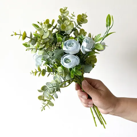 Künstlicher Kamelien Eukalyptus Blumenstrauß Seidenblume Kunststoff Pan Gewebe Pflanze Für Hochzeit Haus Dekoration Handstrauß