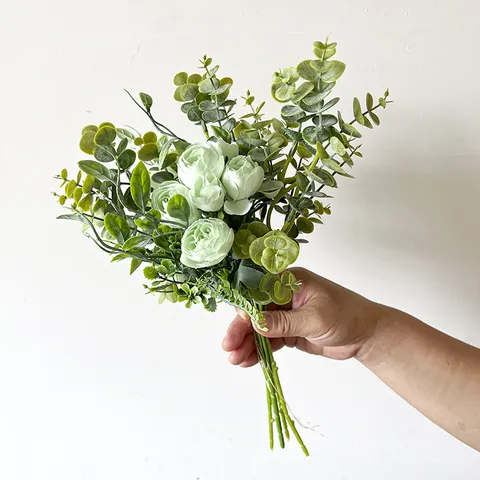 Künstlicher Kamelien Eukalyptus Blumenstrauß Seidenblume Kunststoff Pan Gewebe Pflanze Für Hochzeit Haus Dekoration Handstrauß