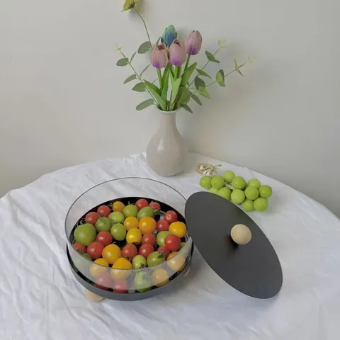 Plato de Frutas Redondo Moderno Minimalista Con Tapa Metal Lacado Acrílico Frutero Bandeja de Almacenamiento Mango de Madera Decoración de Salón