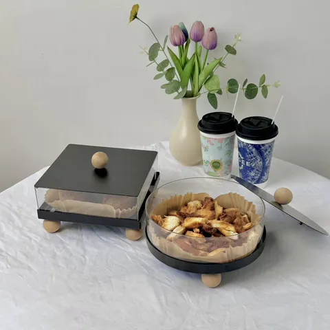 Modern Minimalist Acrylic Cake Display Stand With Iron Base Wooden Feet Dustproof Dessert Storage Box For Hotel Restaurant Buffet Home Kitchen Decor