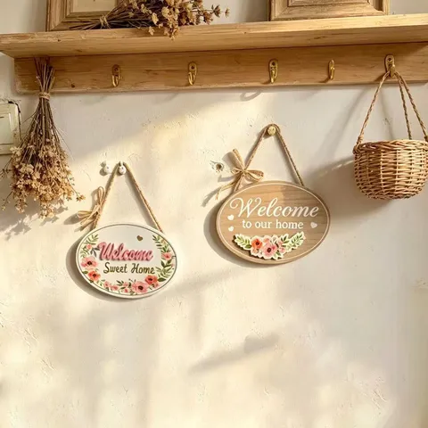Nordic Style Oval Wooden Welcome Sign Home Sweet Home Hanging Plaque Floral Pattern Hemp Rope Bow Front Door Wall Decor