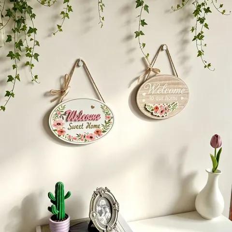 Nordic Style Oval Wooden Welcome Sign Home Sweet Home Hanging Plaque Floral Pattern Hemp Rope Bow Front Door Wall Decor