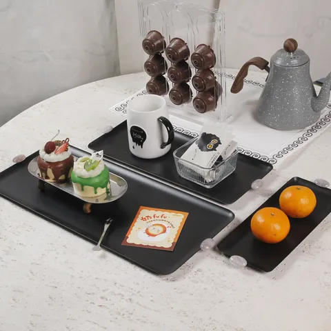 Leichtes Luxus Eisen Rechteckiges Serviertablett Minimalistische Metall Desserttablett Desktop Organizer Platte Mit Steindekor Griffen