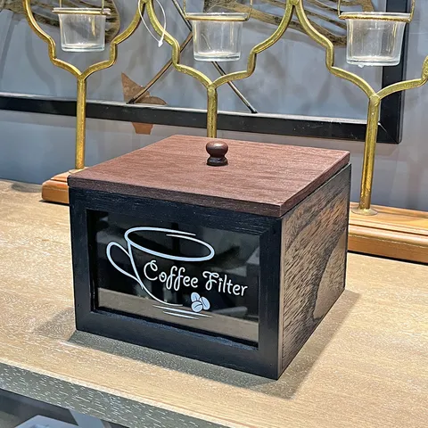 Amerikanischer Vintage Holz Kaffeefilter Aufbewahrungsbox Mit Deckel Staubdichter Kaffeekapsel Organizer Mit Glasfenster Küche Dekor