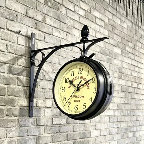 European Retro Iron Double Sided Wall Clock Vintage Station Design Hanging Bracket Clock For Home Cafe Bar Decor