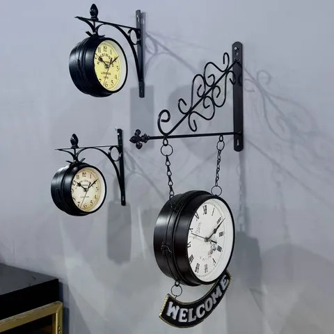 European Retro Iron Double Sided Wall Clock Vintage Station Design Hanging Bracket Clock For Home Cafe Bar Decor