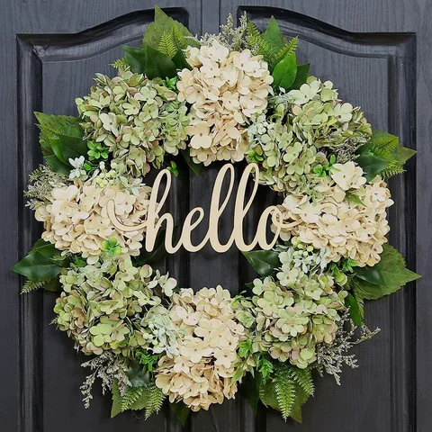 Artificial Hydrangea Wreath With Hello Wood Sign Green White Silk Flower Door Wreath For Wall Window Home Decor