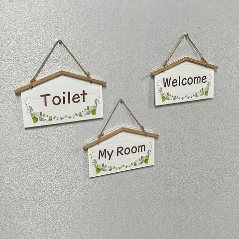 Pastoral House Shaped Wooden Hanging Sign Welcome My Room Toilet Door Plate With Jute Rope Floral Pattern For Store Home Wall Decoration