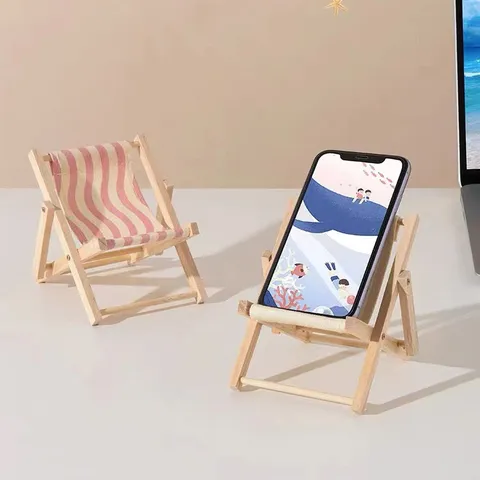 Cute Mini Wooden Foldable Beach Chair Phone Stand Desktop Ornament For Home Office Decorative Canvas Phone Holder Photography Prop