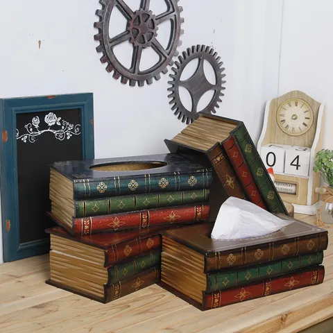 European Vintage Simulation Book Wood Tissue Box Retro Antique Bookshelf Decor Desktop Tissue Holder For Living Room Home