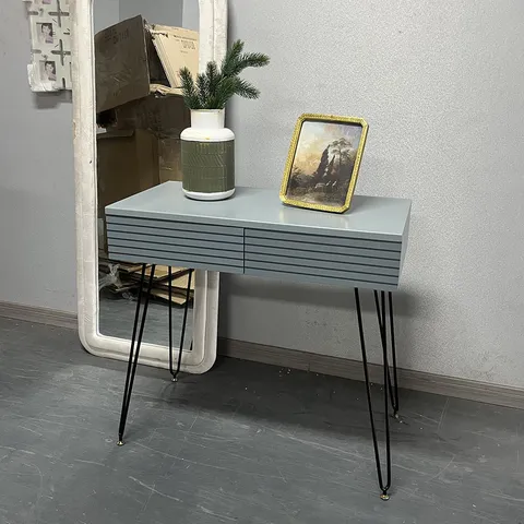 Modern Minimalist Dressing Table Solid Wood Vanity Desk Grey Slatted Drawers Makeup Table With Metal Hairpin Legs For Bedroom