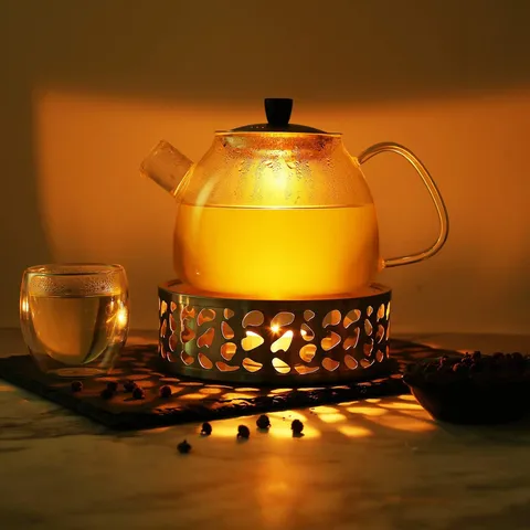 Stainless Steel Tea Warmer Teapot Heater Base With Candle Holder Hollow Pattern For Home Office Outdoor Tea Insulation Stand