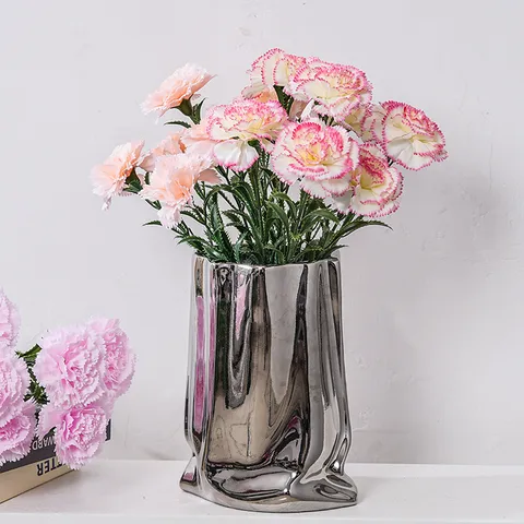 Artificial Carnation Silk Flower Arrangement With Crinkled Silver Ceramic Vase Modern Home Decor Mother Day Festival Gift