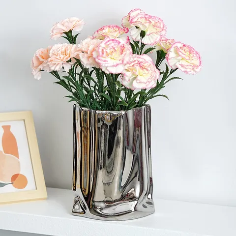Artificial Carnation Silk Flower Arrangement With Crinkled Silver Ceramic Vase Modern Home Decor Mother Day Festival Gift