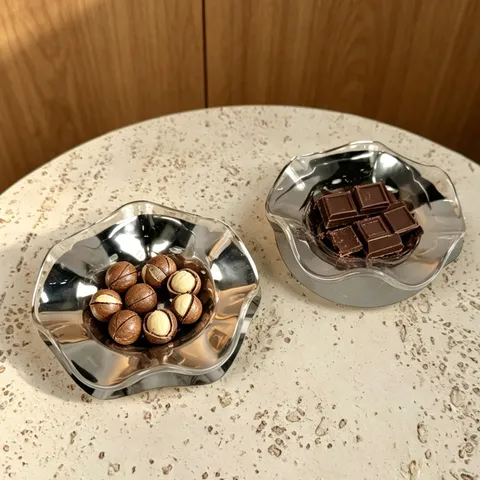 Juego de Platos de Fruta de Vidrio de Lujo Con Base de Acero Inoxidable Borde de Hoja de Loto Ondulado Bandeja de Aperitivos Dulces