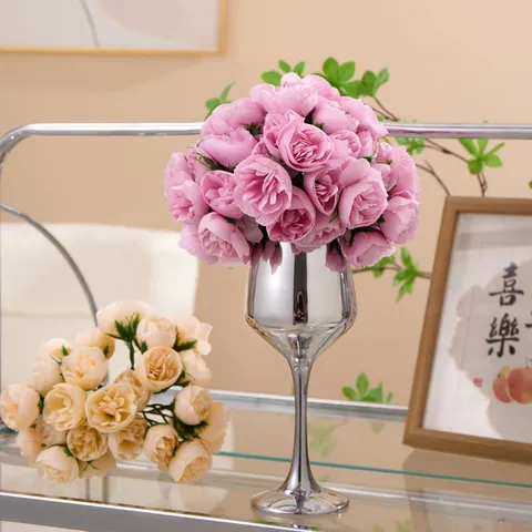 Ramo de Flores de Té de Rosa Artificial Con Jarrón de Cerámica Arreglo de Flores de Seda Sintética Para Decoración de Mesa de Hotel En Casa Centro de Mesa de Boda Adorno Floral