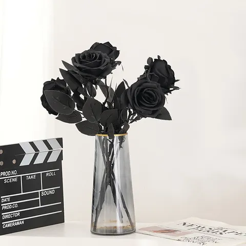 Gothic Dark Halloween Simulation Artificial Black Rose Single Branch Fabric Flower Home Decor Photography Prop