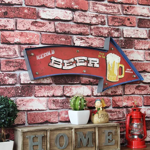 Vintage LED Beer Sign Arrow Tin Wall Decor American Industrial Style Distressed Iron Sign For Bar Cafe Restaurant Home Art