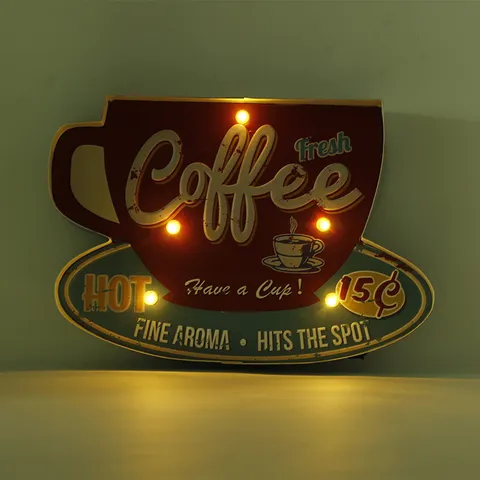 Panneau Lumineux LED Vintage En Métal Tasse De Café Décoration Murale Rétro Pour Café Bar Maison