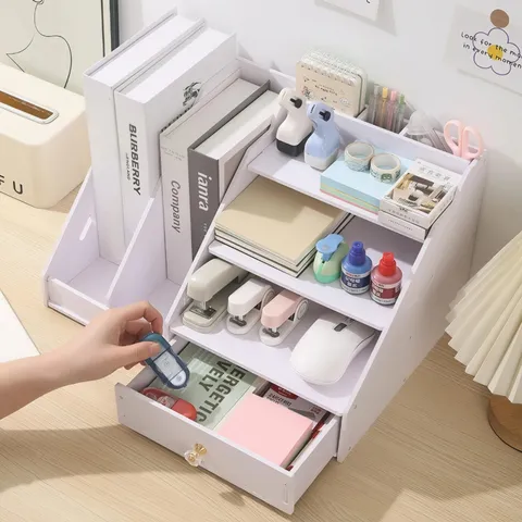 Simple Desktop Storage Rack Multi-layer Office Book Organizer White Wood Plastic Board Desk Shelf Stationery Storage Box With Drawer Modern Style