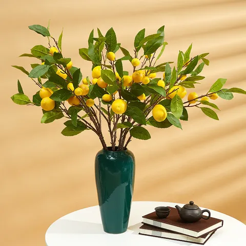 Realistic Artificial Lemon Branch Faux Fruit Greenery Stem For Home Decor Living Room Table Decoration Yellow Lemon Spray Soft PVC Plant