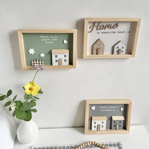 Nordic Wood 3D Decorative Picture Frame Shadow Box Wall Art Desktop Ornament Home Is Where The Heart Is Pastoral Decor