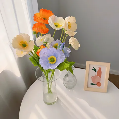 Flor de Amapola de Seda Artificial Faux Papaver Rhoeas Tallo Flocado Para Decoración de Sala de Estar Estilo Nórdico Arreglo Floral Accesorios de Fotografía