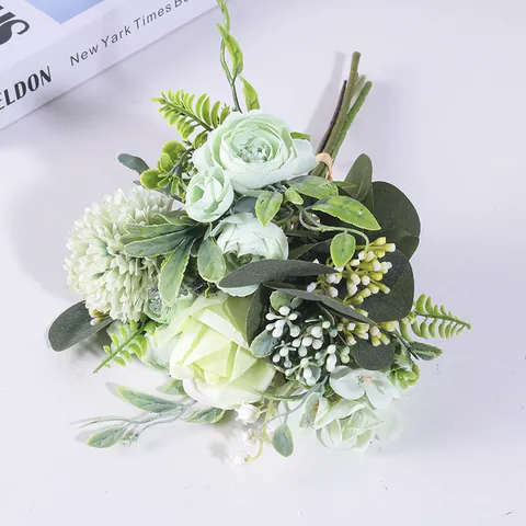 Artificial Silk Rose Ranunculus Bouquet Gypsophila Eucalyptus Leaves Wedding Bridal Hand Bouquet Nordic Home Decoration Flower