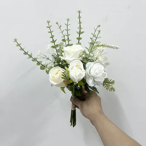 Artificial Silk Rose Ranunculus Bouquet Gypsophila Eucalyptus Leaves Wedding Bridal Hand Bouquet Nordic Home Decoration Flower