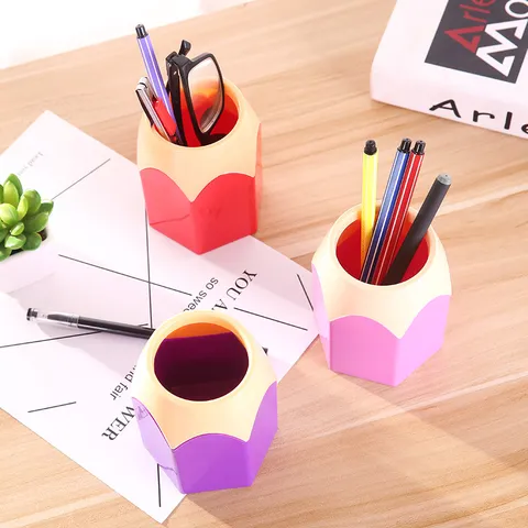 Creative Color-Blocking Pencil Head Shaped Pen Holder Desktop Stationery Storage Box Korean Style Student Office Organizer