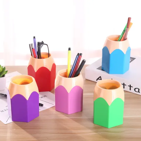 Creative Pencil Shaped Desk Organizer Multi-functional Color Block Plastic Pen Holder For Student Office Desktop Stationery Storage