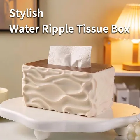 Moderne Minimalistische Wasserwelle Taschentuchbox Mit Holzmaserung Deckel Creme-Stil Kreative Desktop Serviette Aufbewahrungsbox Für Zuhause Büro
