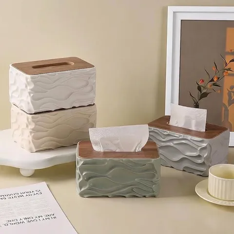 Moderne Minimalistische Wasserwelle Taschentuchbox Mit Holzmaserung Deckel Creme-Stil Kreative Desktop Serviette Aufbewahrungsbox Für Zuhause Büro