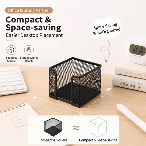 Organisateur de Bureau en Maille Métallique Noire Porte-stylo Créatif Boîte de Rangement Multifonctionnelle pour Notes et Mémos