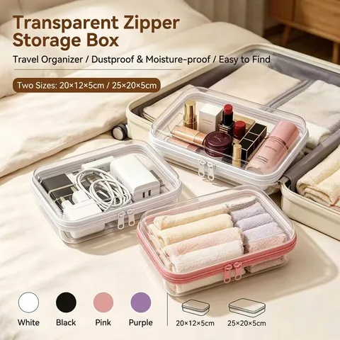 Transparent PET Zipper Storage Box Flip Lid Dustproof Cosmetic Makeup Organizer Portable Desktop Stationery Travel Case