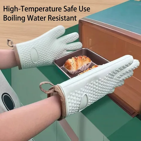 Guantes de Horno de Silicona Resistentes al Calor para Cocinar en la Cocina Guantes de Silicona Antideslizantes Espesados con Forro de Algodón