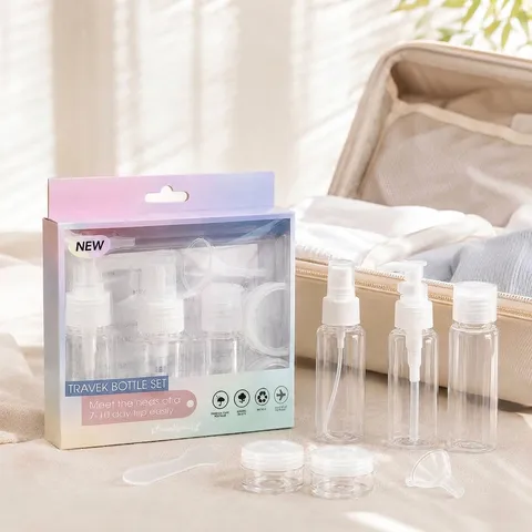 Portable Travel Makeup Refillable Bottle Set Plastic Spray Lotion Pump Cream Jar With Gradient Storage Box For Skin Care